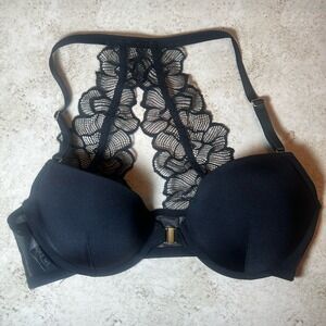 Adore Me Push Up Bra w/ Lace Racerback Gold Front Closure Size 34D EUC Light Pad